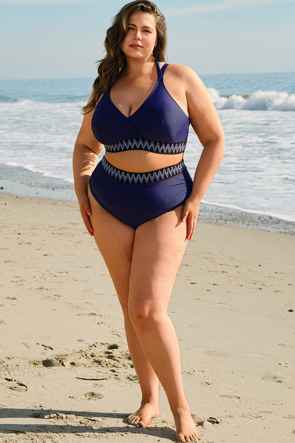 Navy Blue Embroidered Trim Wrap Tie Knot Plus Size High Waisted Bikini Set
