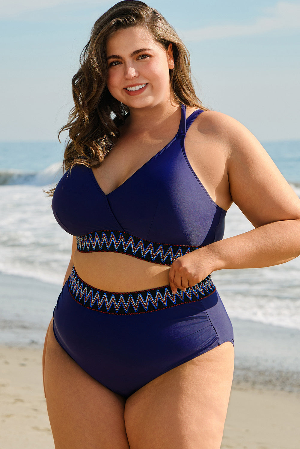 Navy Blue Embroidered Trim Wrap Tie Knot Plus Size High Waisted Bikini Set