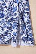 Sky Blue Crossed Back Floral Print Asymmetric Knot Side One Piece Swimsuit
