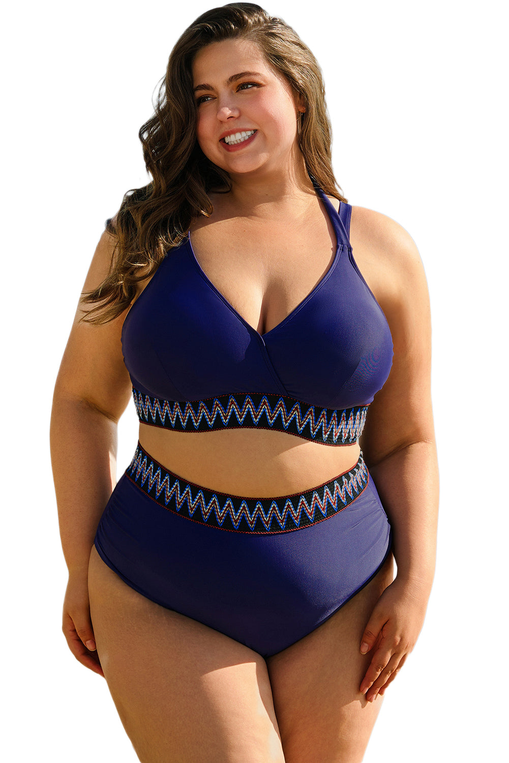 Navy Blue Embroidered Trim Wrap Tie Knot Plus Size High Waisted Bikini Set