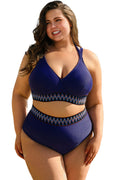 Navy Blue Embroidered Trim Wrap Tie Knot Plus Size High Waisted Bikini Set