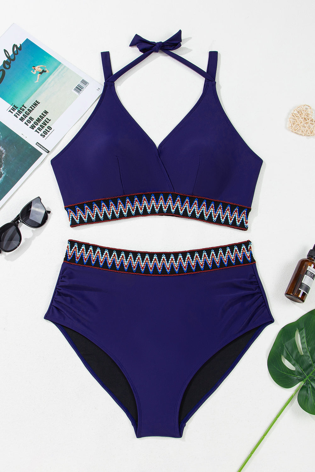 Navy Blue Embroidered Trim Wrap Tie Knot Plus Size High Waisted Bikini Set