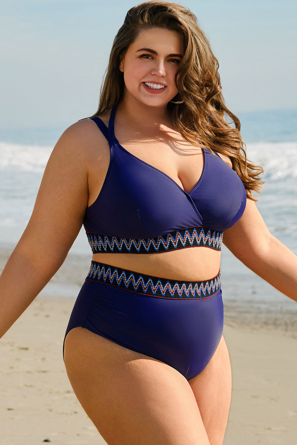 Navy Blue Embroidered Trim Wrap Tie Knot Plus Size High Waisted Bikini Set