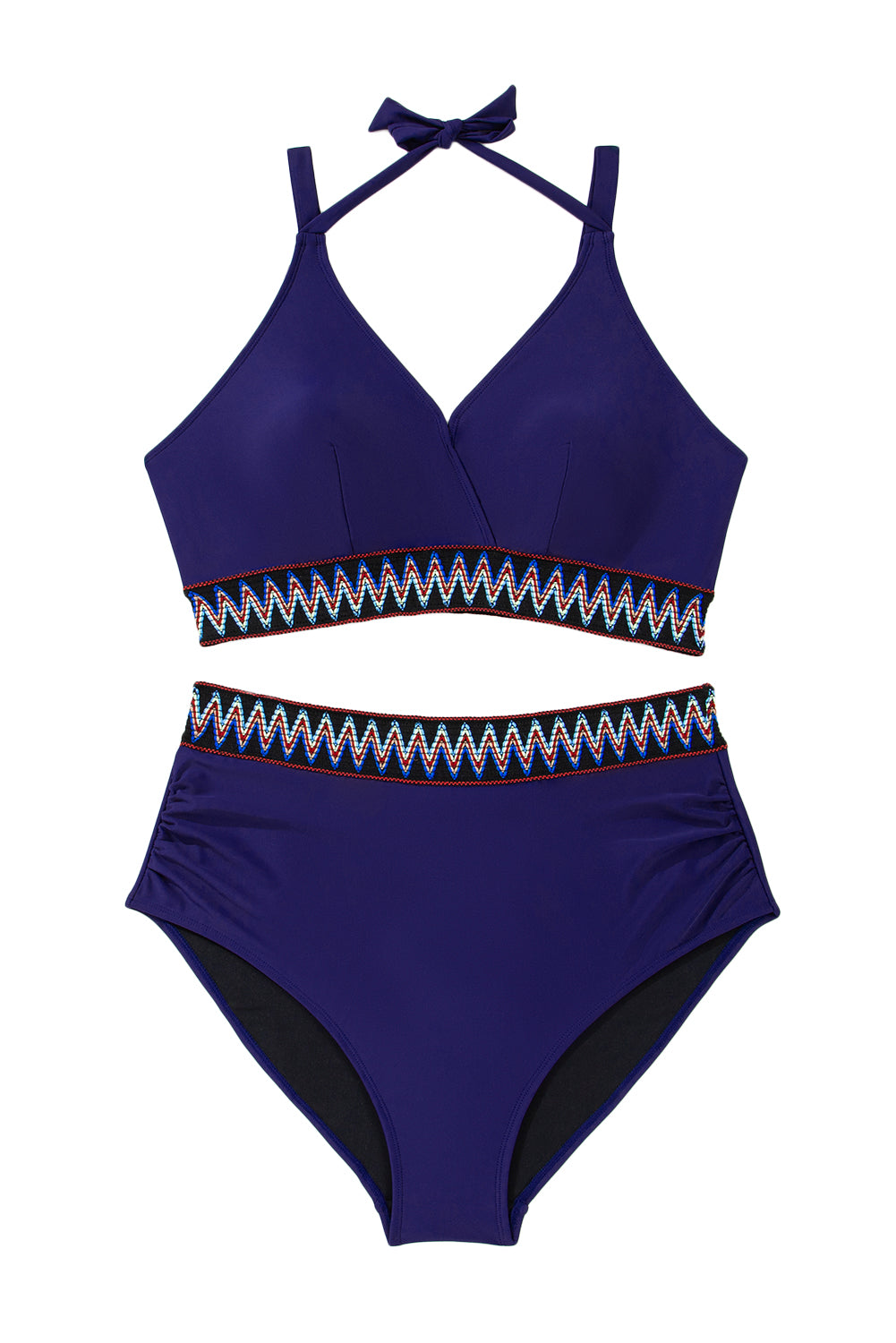 Navy Blue Embroidered Trim Wrap Tie Knot Plus Size High Waisted Bikini Set