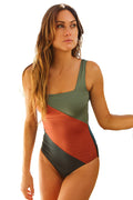 Duffel Green Color Block Padded Square Neck One Piece Swimsuit