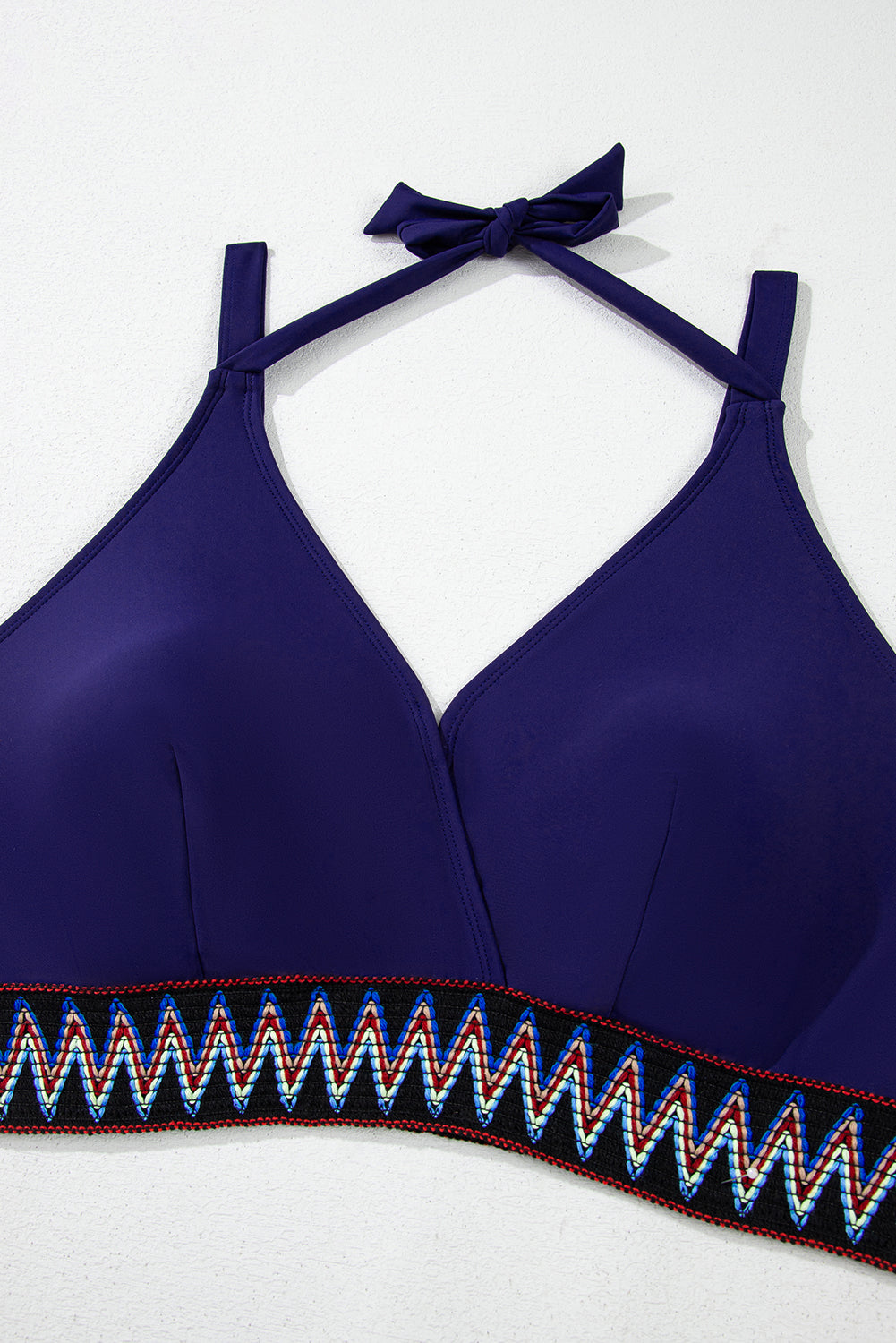 Navy Blue Embroidered Trim Wrap Tie Knot Plus Size High Waisted Bikini Set