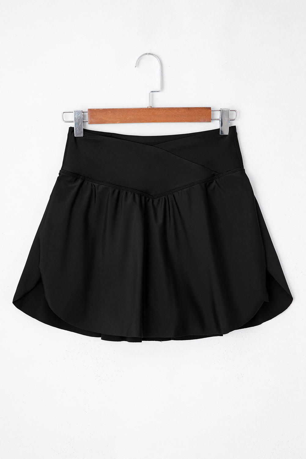 Black Solid Pocketed Cross Criss High Waist Swim Skort