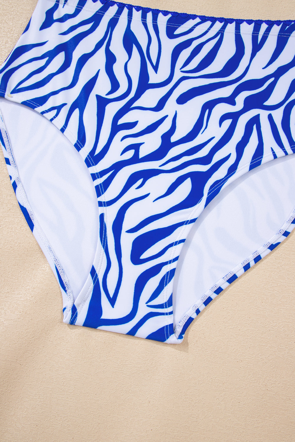 Navy Blue Shell Stitched Trim V Neck Textured Mix and Match High Waist Bikinis