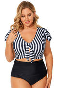 Black Stripe Plus Size Knot Cutout Ruffle Sleeve and High Waist Swimsuit Set