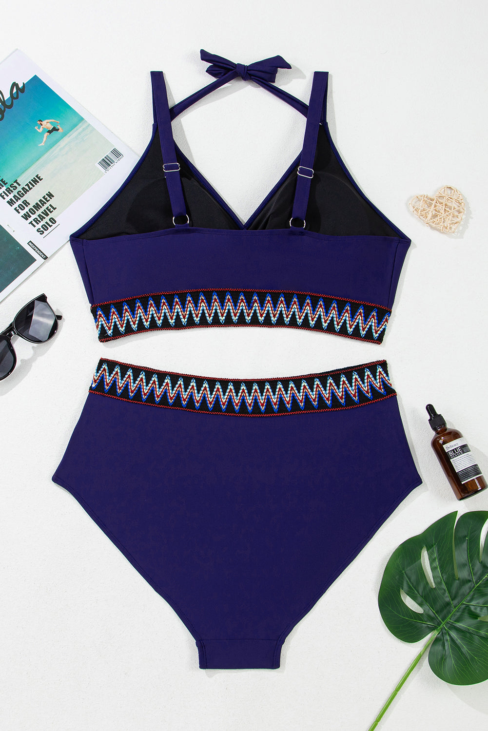 Navy Blue Embroidered Trim Wrap Tie Knot Plus Size High Waisted Bikini Set
