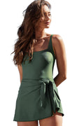 Mist Green Side Tied Adjustable Straps A Line One Piece Swim Dress