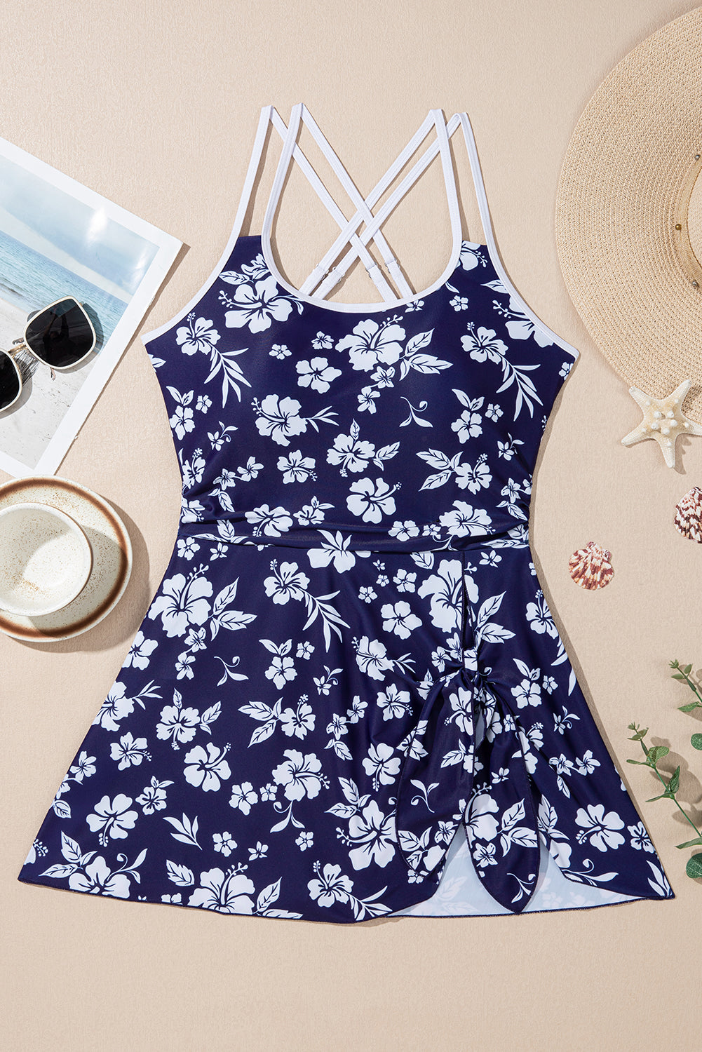 Sky Blue Crossed Back Floral Print Asymmetric Knot Side One Piece Swimsuit