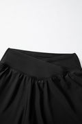 Black Solid Pocketed Cross Criss High Waist Swim Skort