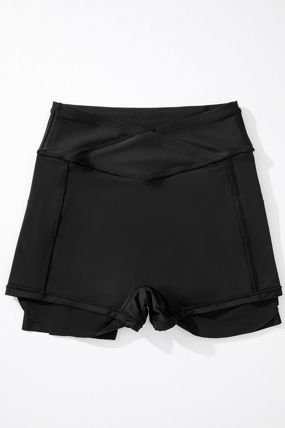 Black Solid Pocketed Cross Criss High Waist Swim Skort