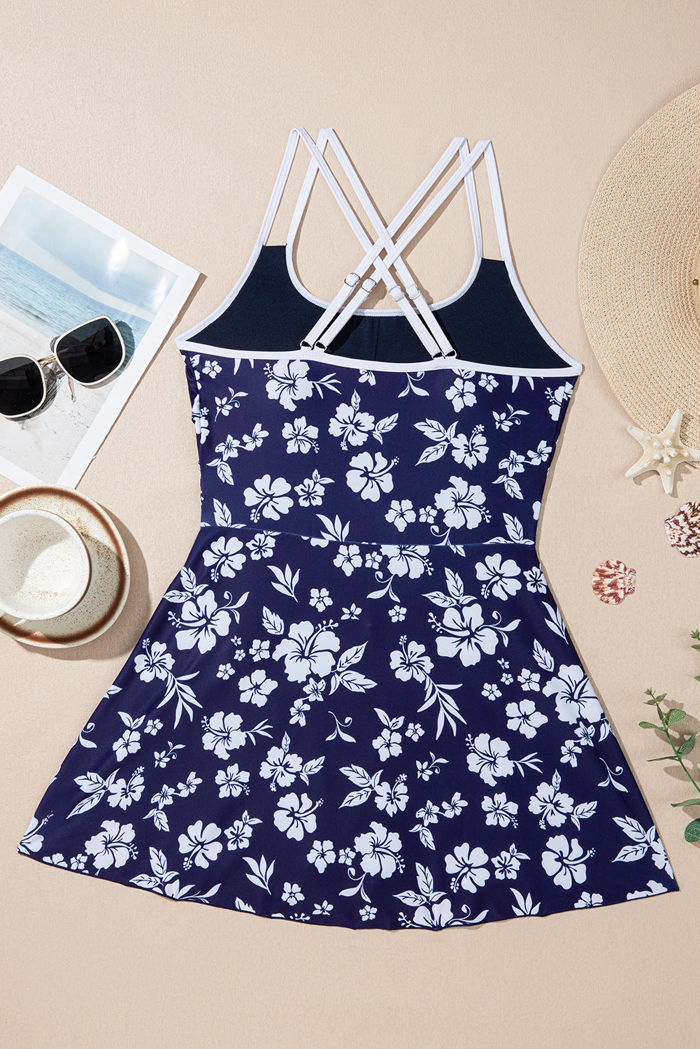 Sky Blue Crossed Back Floral Print Asymmetric Knot Side One Piece Swimsuit
