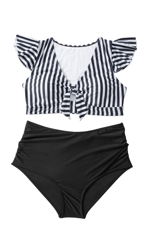 Black Stripe Plus Size Knot Cutout Ruffle Sleeve and High Waist Swimsuit Set