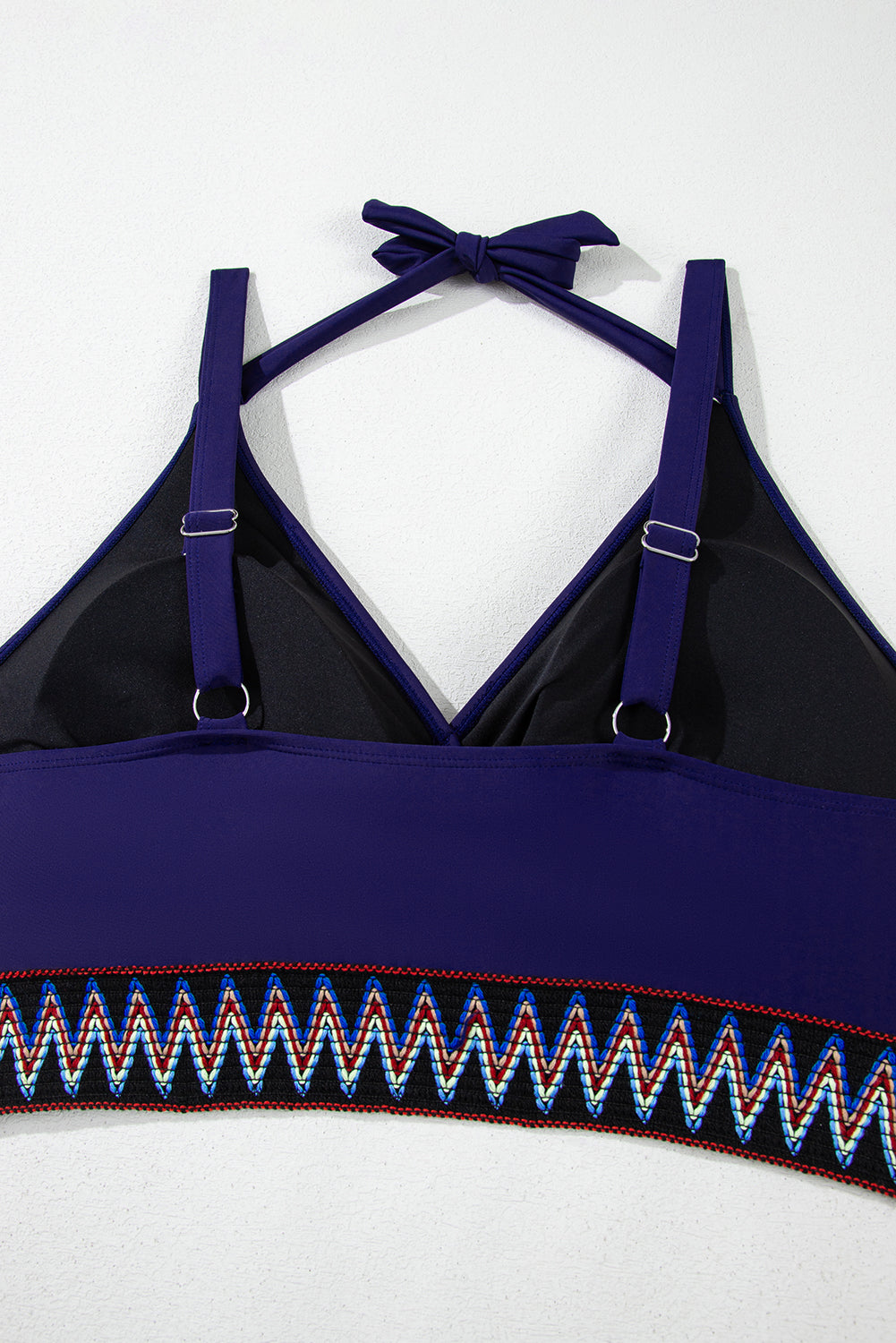 Navy Blue Embroidered Trim Wrap Tie Knot Plus Size High Waisted Bikini Set