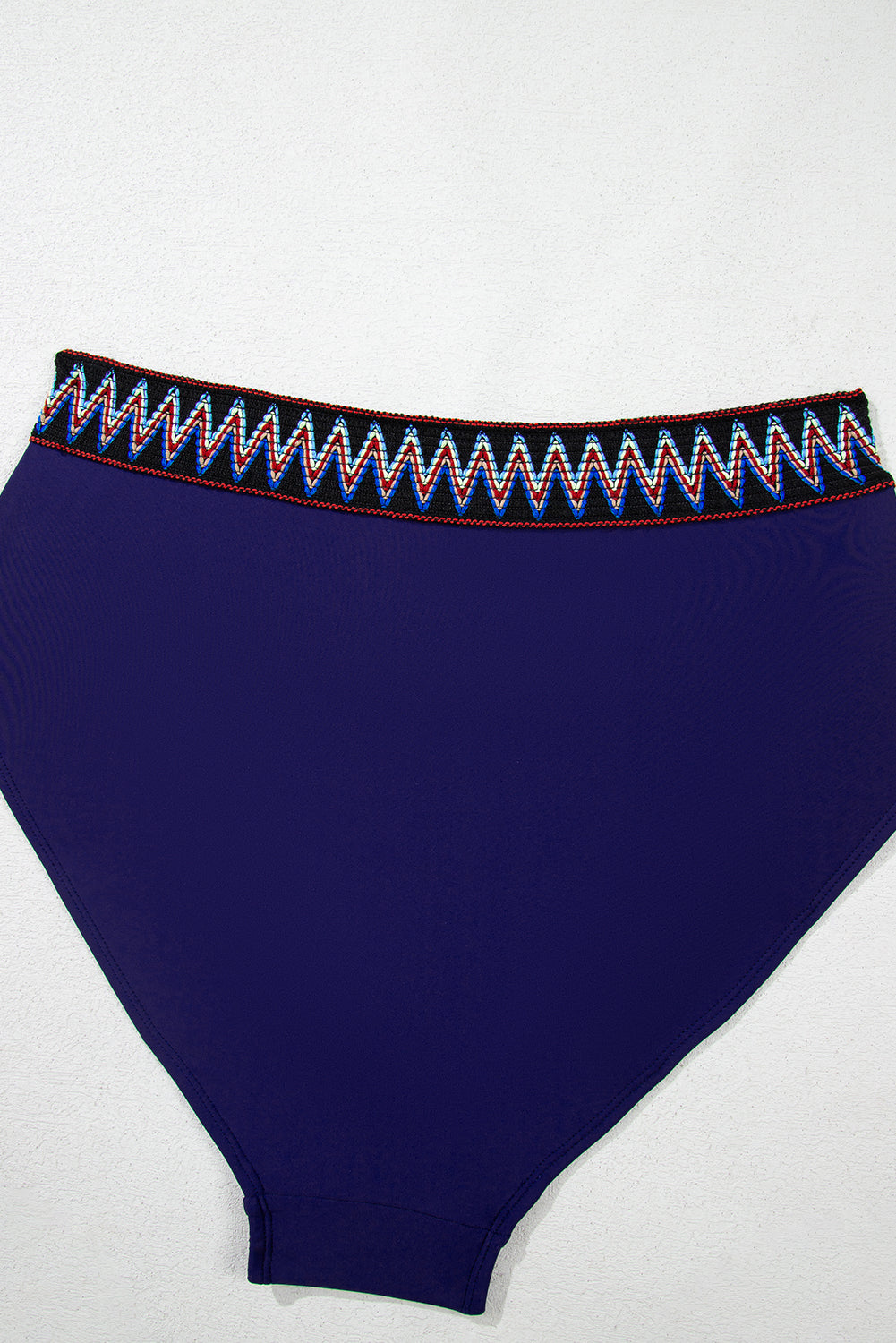 Navy Blue Embroidered Trim Wrap Tie Knot Plus Size High Waisted Bikini Set