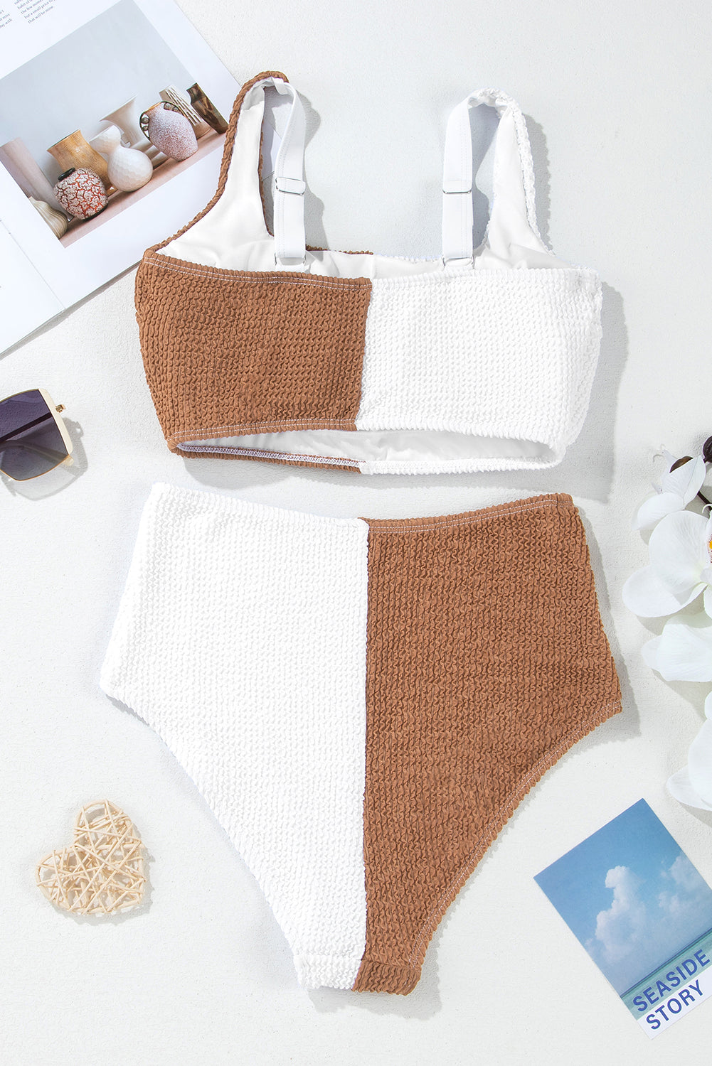 White Corded Colorblock Square Neck Bikini Swimsuit