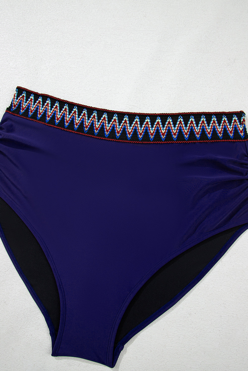 Navy Blue Embroidered Trim Wrap Tie Knot Plus Size High Waisted Bikini Set