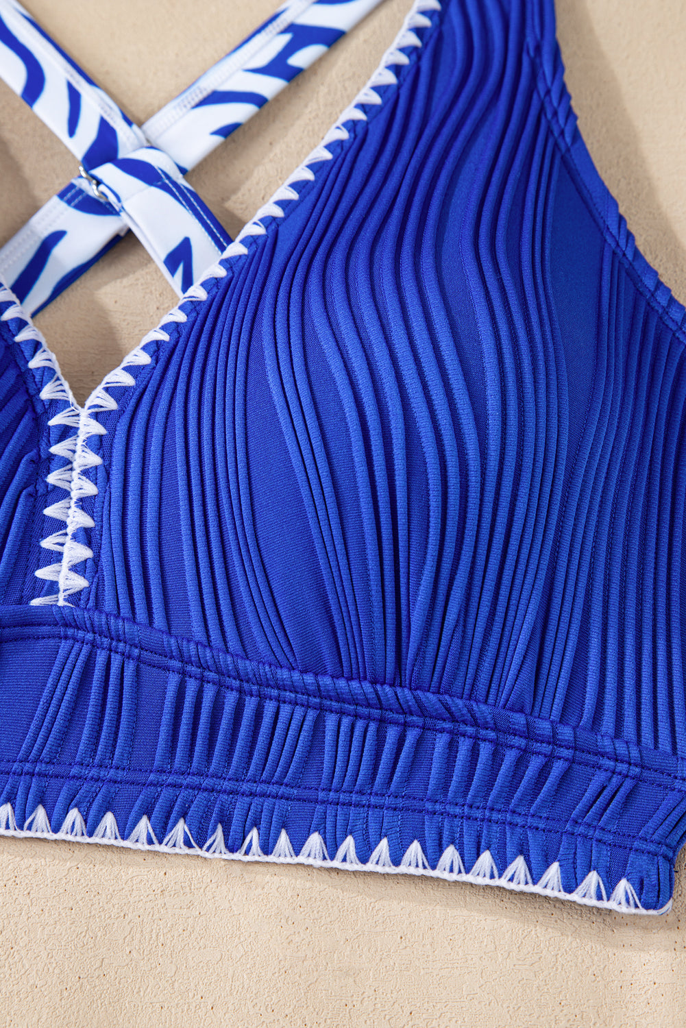 Navy Blue Shell Stitched Trim V Neck Textured Mix and Match High Waist Bikinis