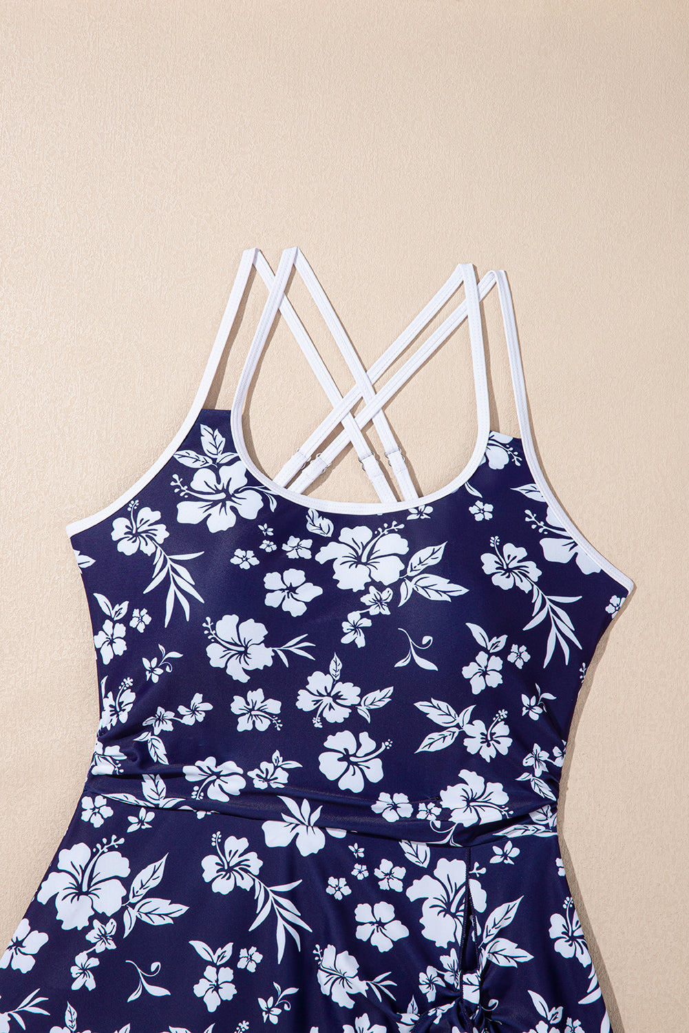 Sky Blue Crossed Back Floral Print Asymmetric Knot Side One Piece Swimsuit