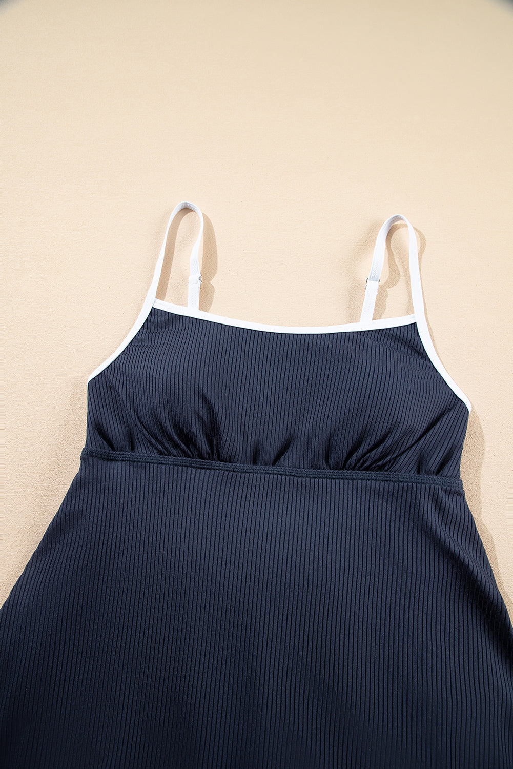 Dusk Blue Color Block Edge Ribbed Pocketed Lined Swim Dress