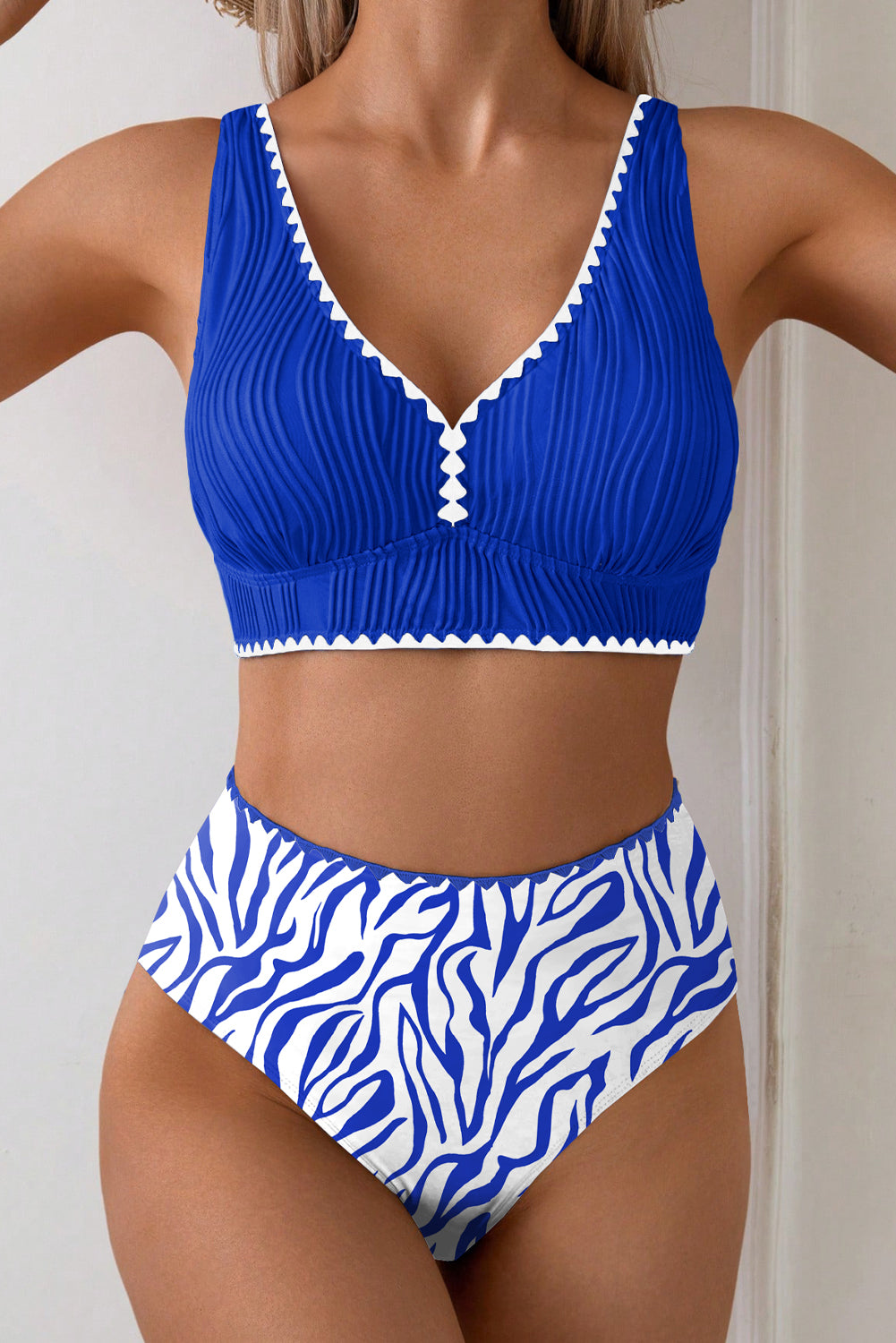 Navy Blue Shell Stitched Trim V Neck Textured Mix and Match High Waist Bikinis
