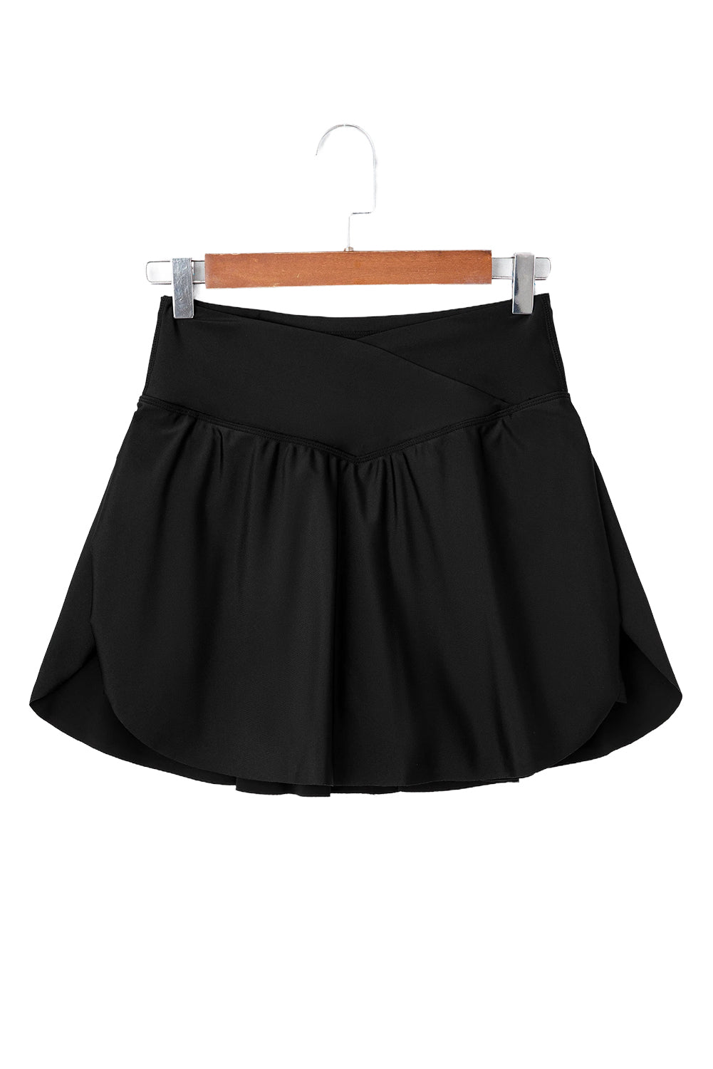 Black Solid Pocketed Cross Criss High Waist Swim Skort