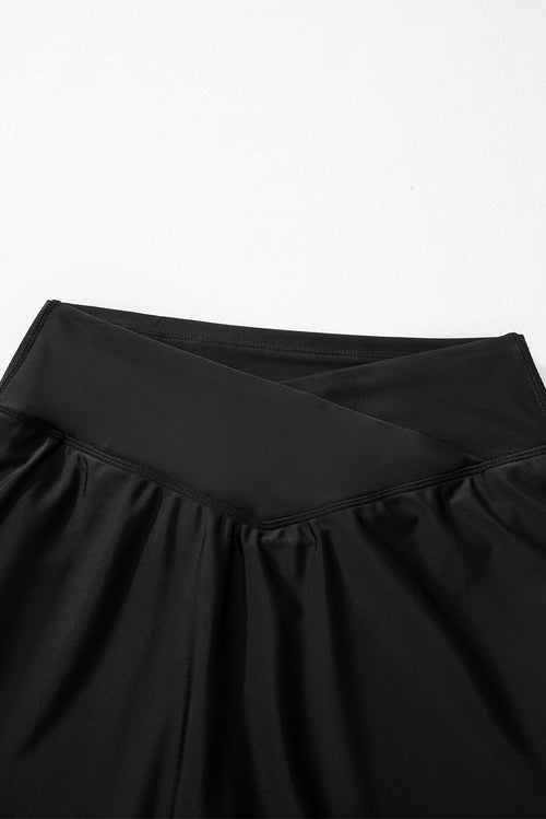 Black Solid Pocketed Cross Criss High Waist Swim Skort