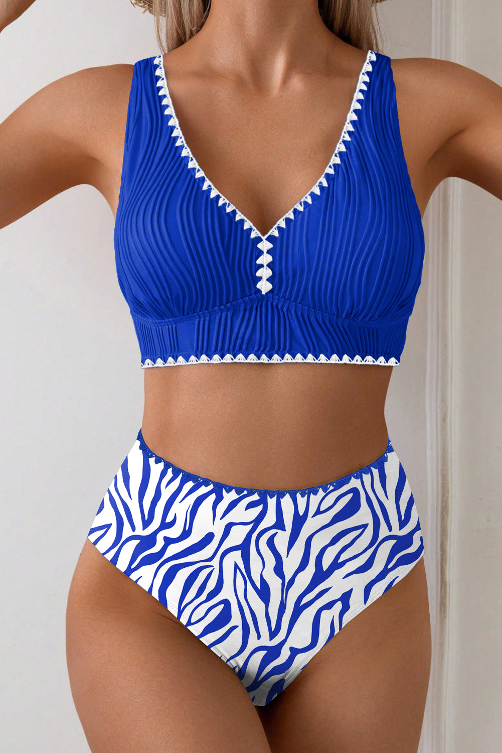 Navy Blue Shell Stitched Trim V Neck Textured Mix and Match High Waist Bikinis
